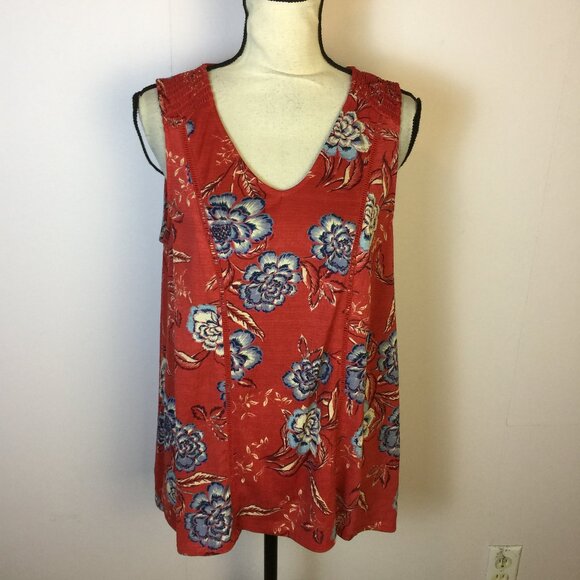 Knox Rose Blouse Tank Top Sz M Womans Red Blue Floral V-neck Sleeveless Stretch - Picture 1 of 10